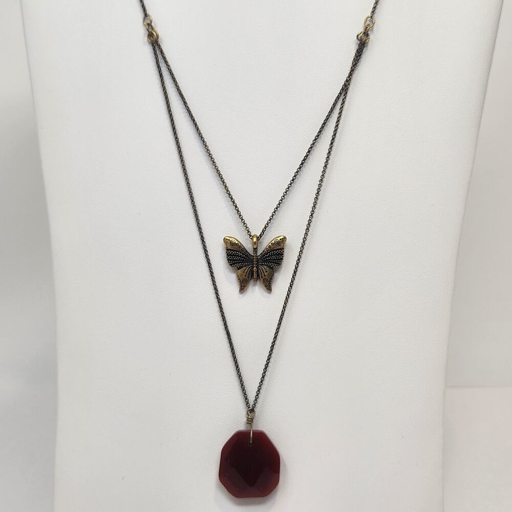 Lucky Brand Butterfly Red Stone Layered Chain Necklace Brass Tone Boho Coquette